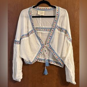 TALISMAN Women’s White Tie Tassel Long Sleeve Shirt ~ Size S/M